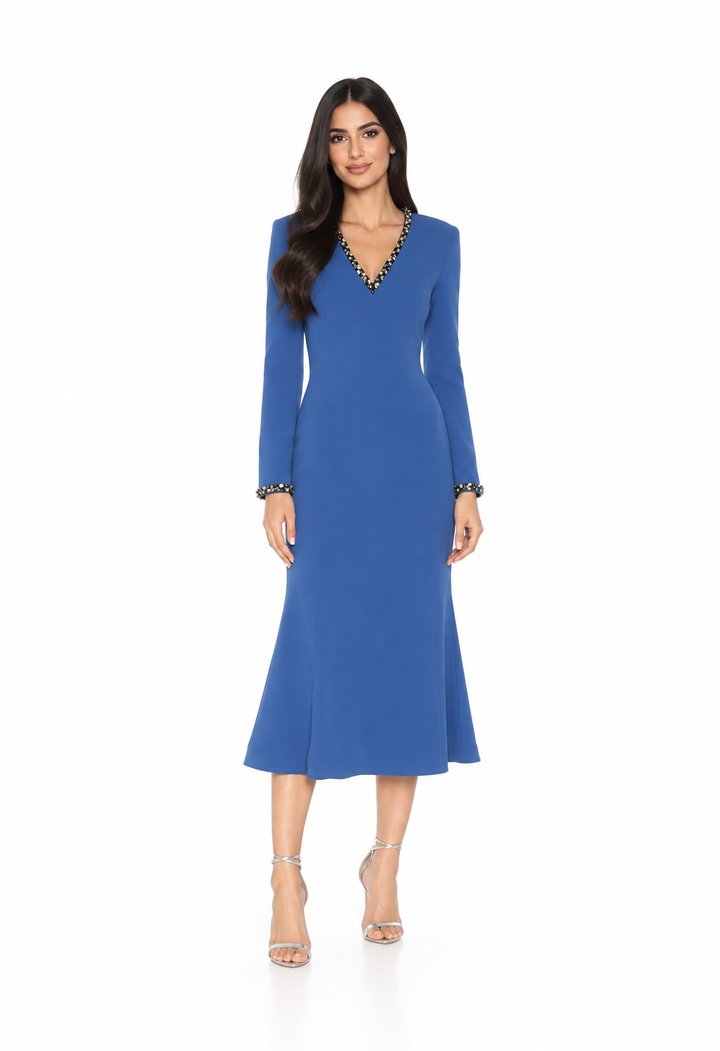 V-neck embellished midi dress with long sleeves – Isabelle