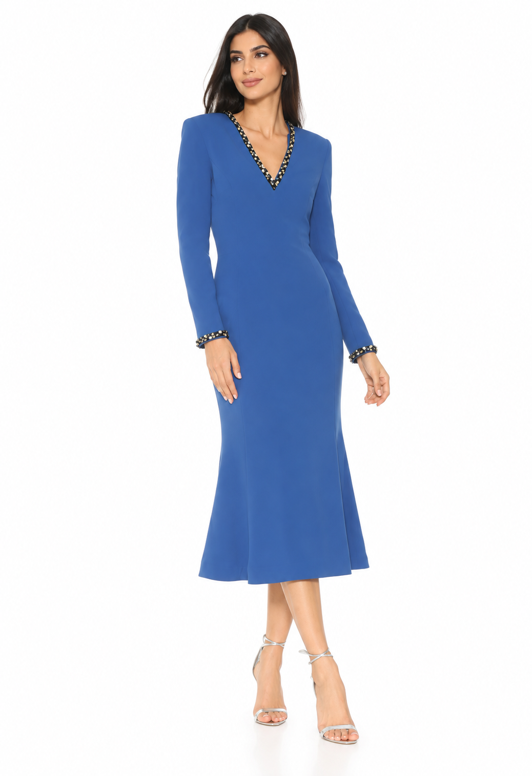 V-neck embellished midi dress with long sleeves – Isabelle