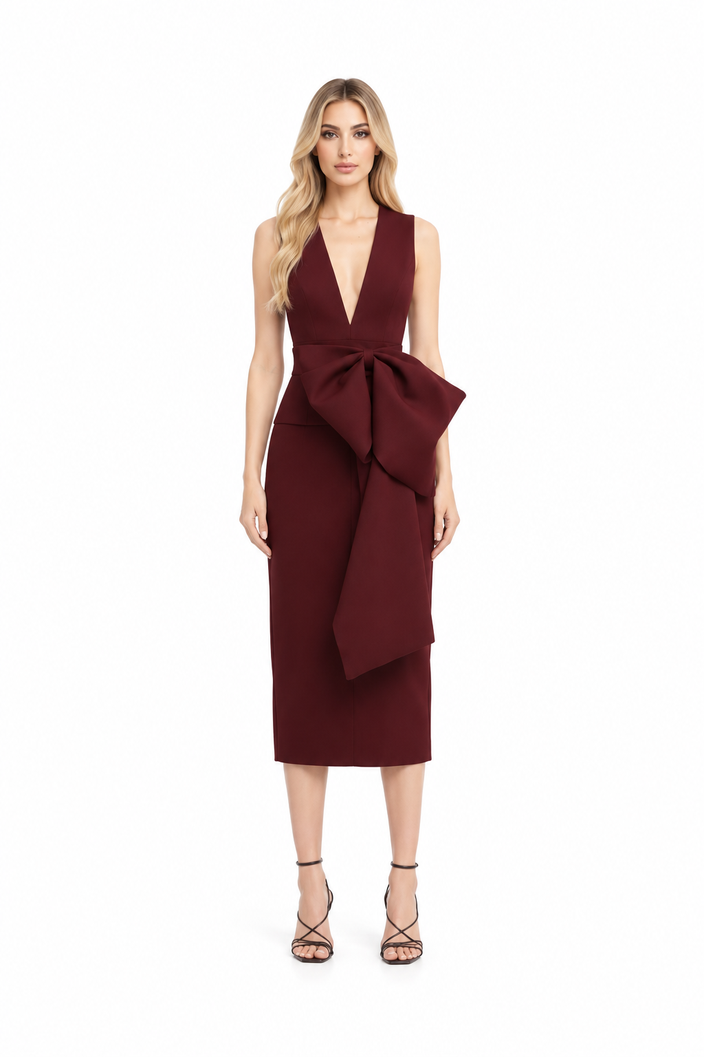 Deep V-neck bow-detail midi dress with draped waist – Seraphina