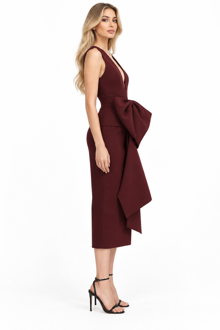 Deep V-neck bow-detail midi dress with draped waist – Seraphina