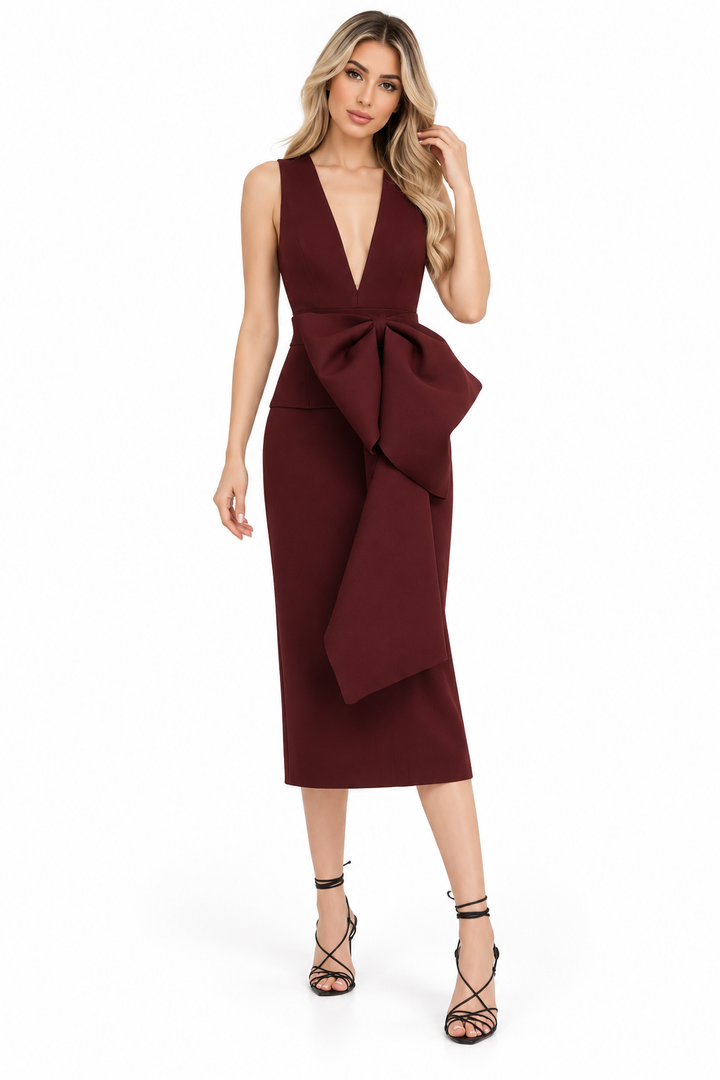 Deep V-neck bow-detail midi dress with draped waist – Seraphina