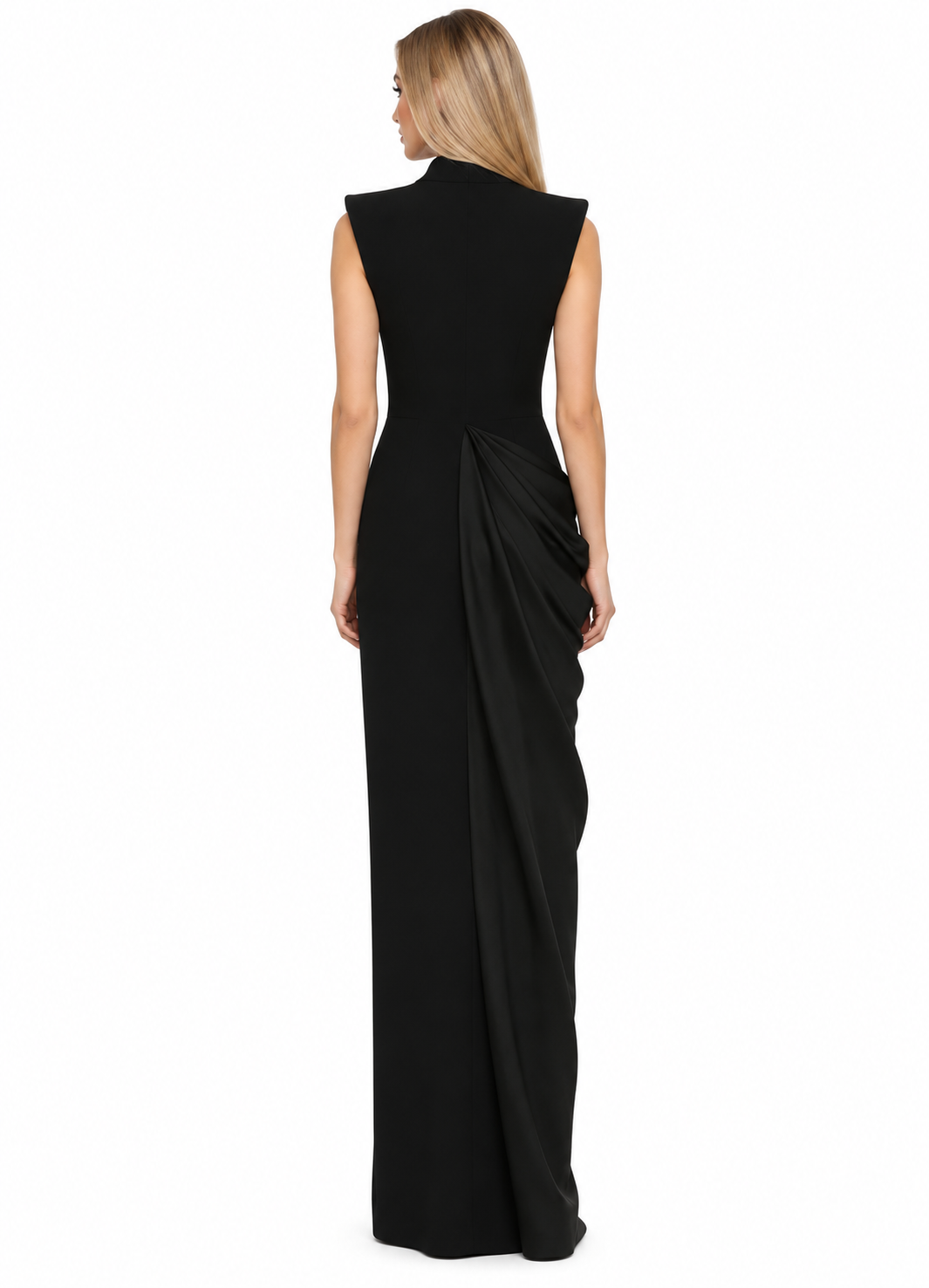 Sleeveless blazer-style gown with draped waist and front slit – Adriana