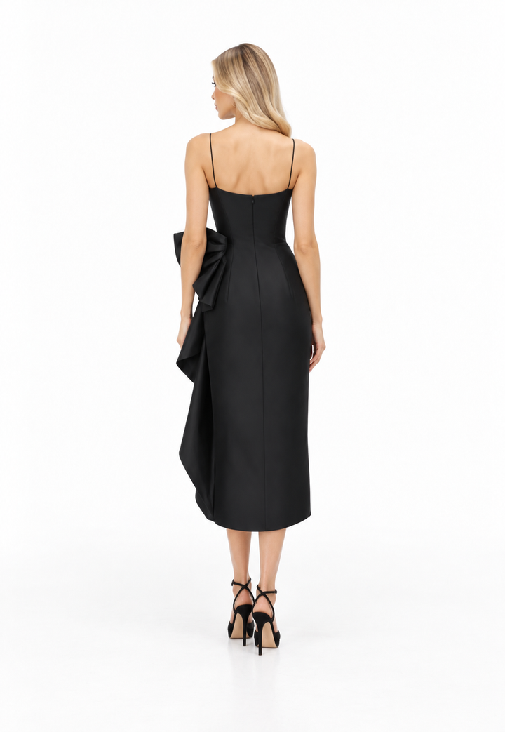 Bow-detail layered midi dress with front slit – Rosalie