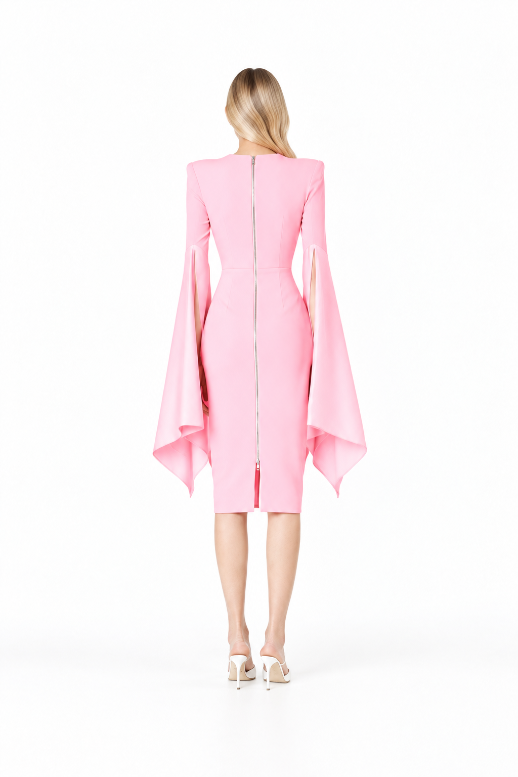 Cape-sleeve midi dress with asymmetric zipper detail – Rosaline