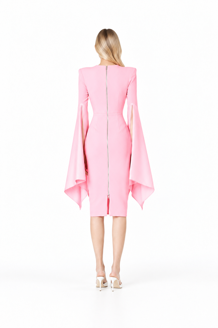 Cape-sleeve midi dress with asymmetric zipper detail – Rosaline
