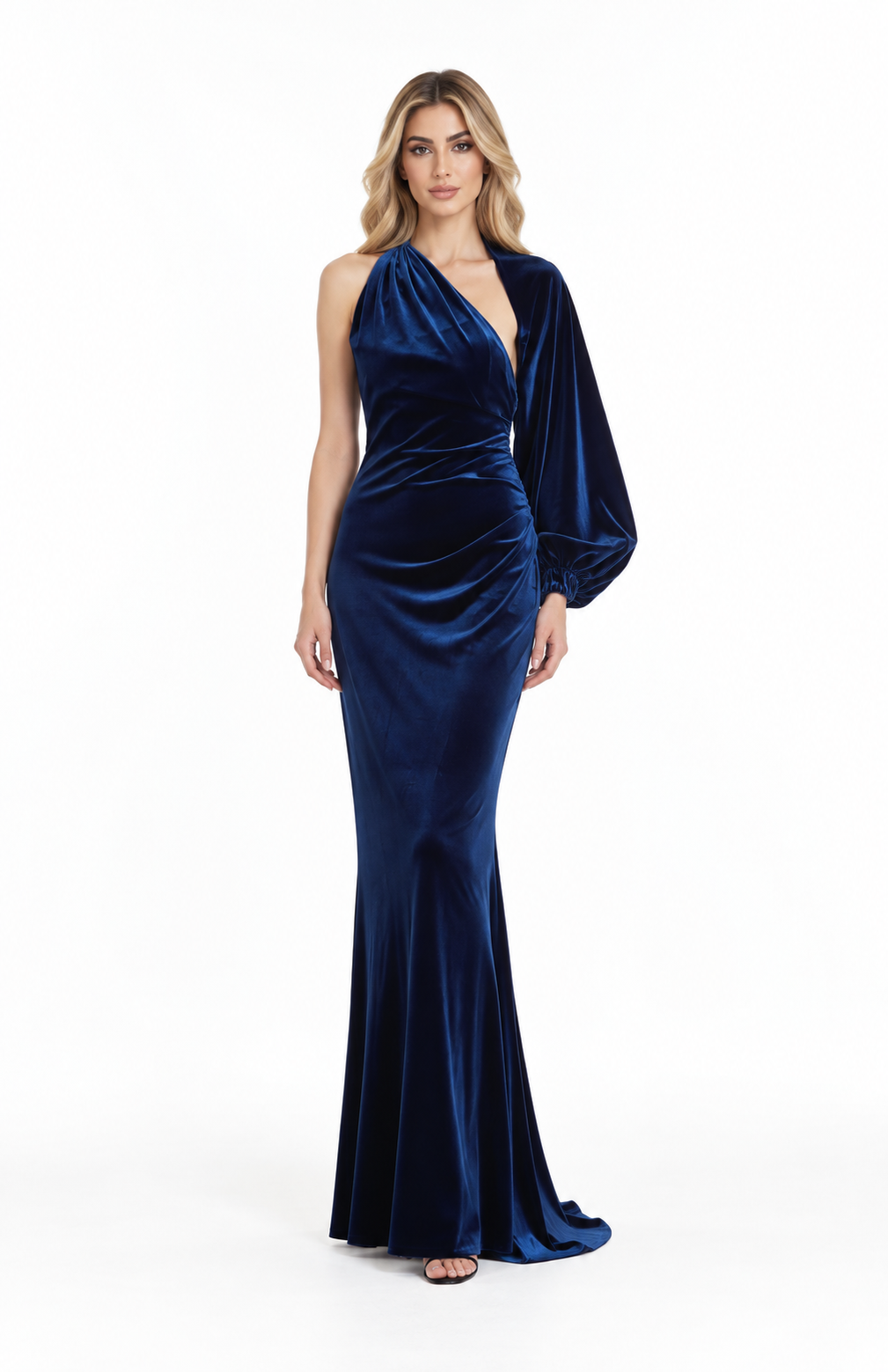 One-shoulder velvet gown with draped sleeve – Valentina