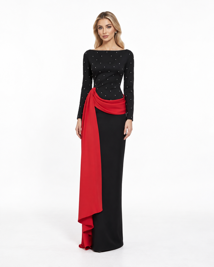 Crystal Draped Contrast Gown - Scarlet