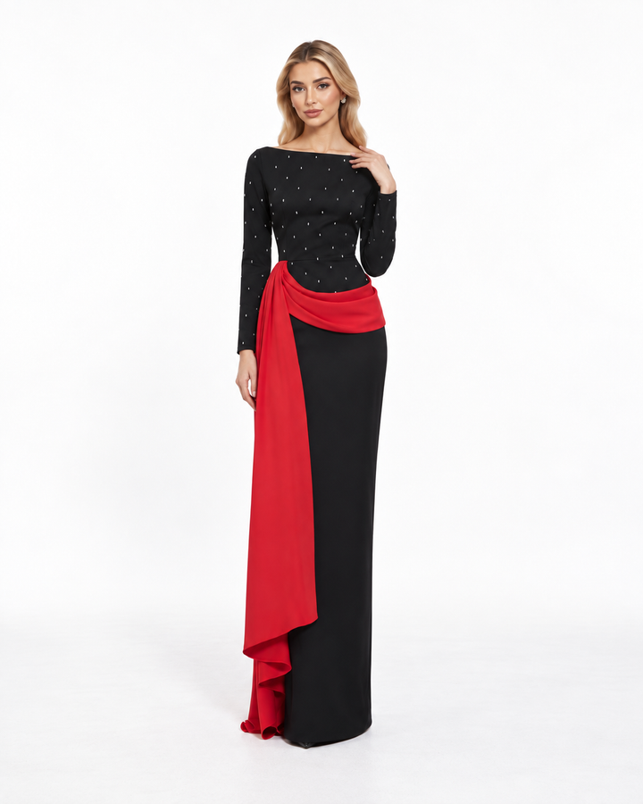 Crystal Draped Contrast Gown - Scarlet