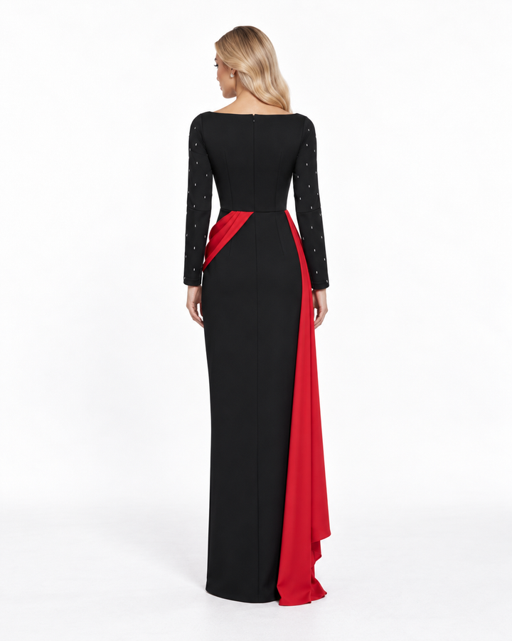 Crystal Draped Contrast Gown - Scarlet