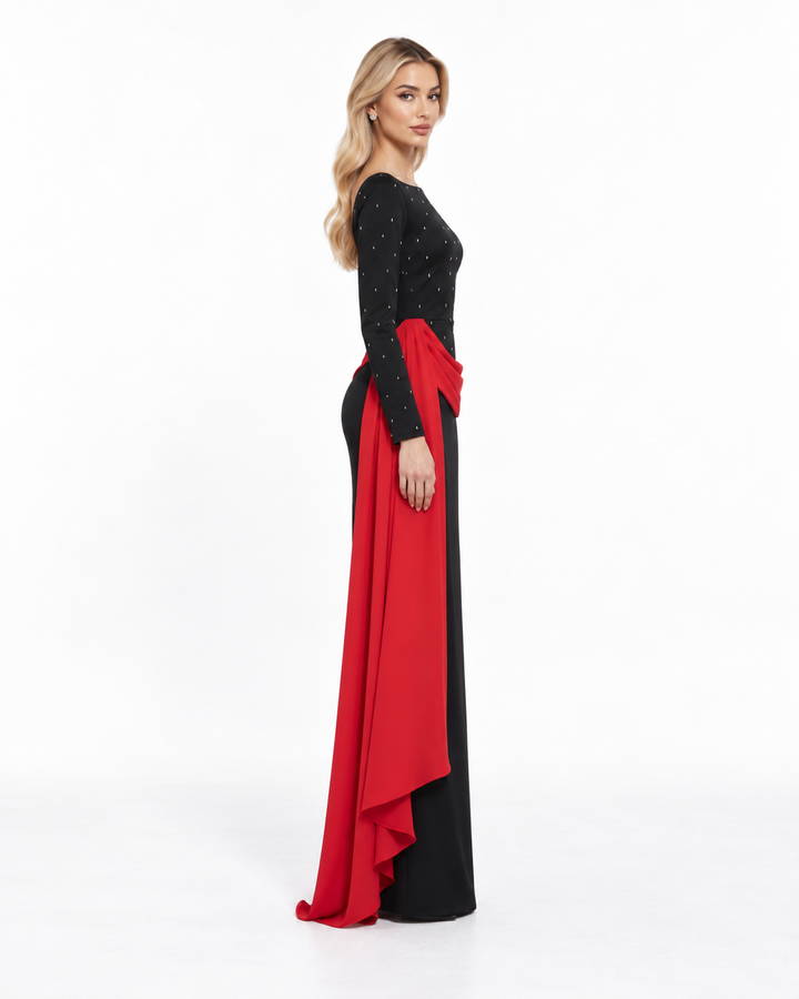 Crystal Draped Contrast Gown - Scarlet