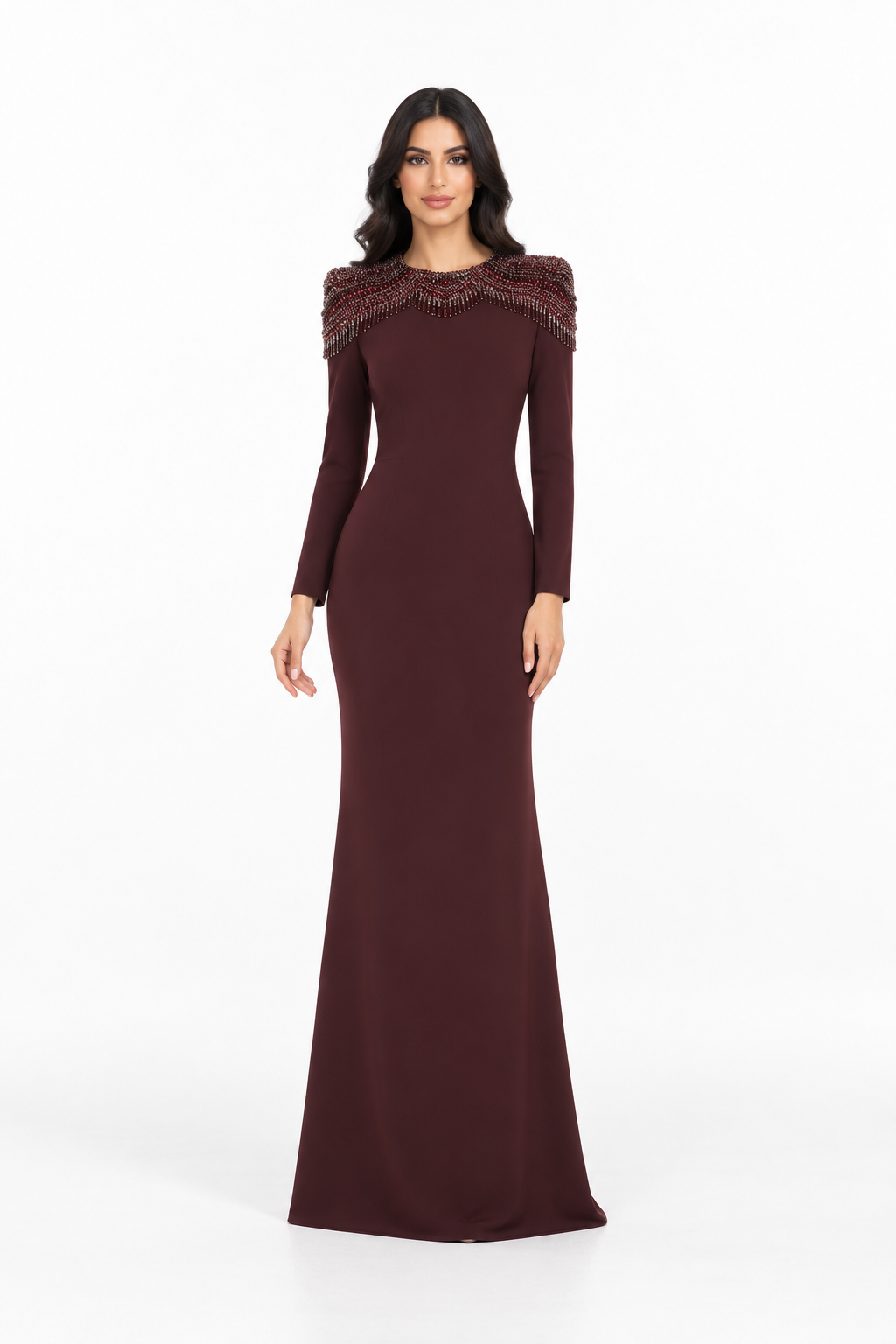 Burgundy Beaded Shoulder Detail Long Evening Gown - Degah