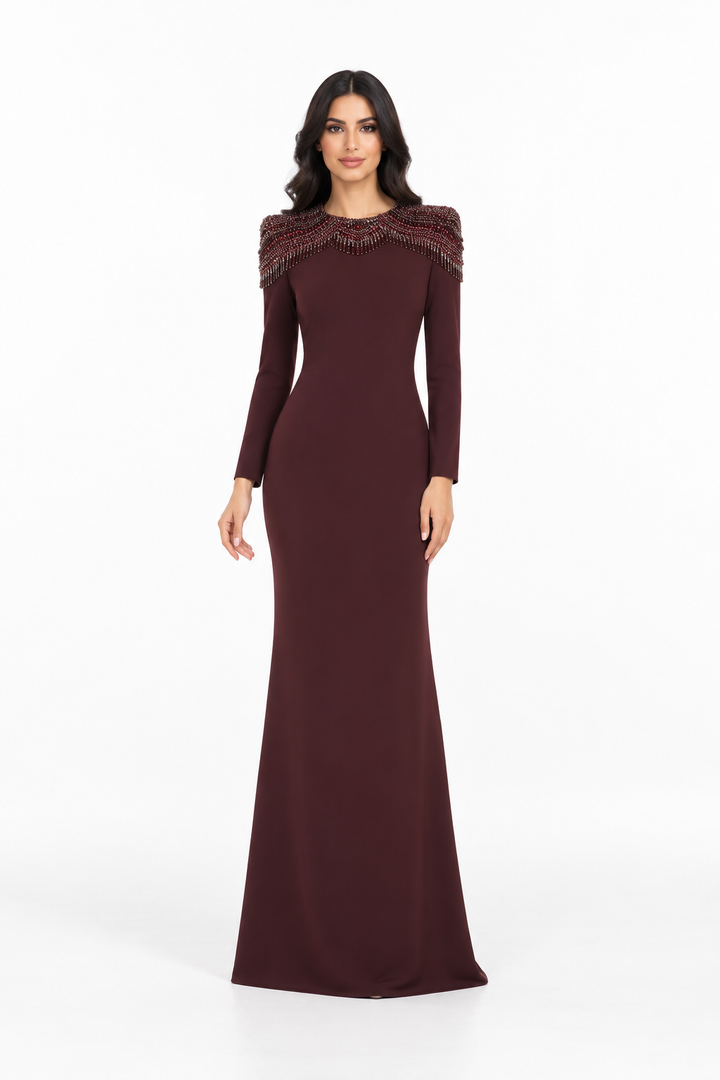 Burgundy Beaded Shoulder Detail Long Evening Gown - Degah