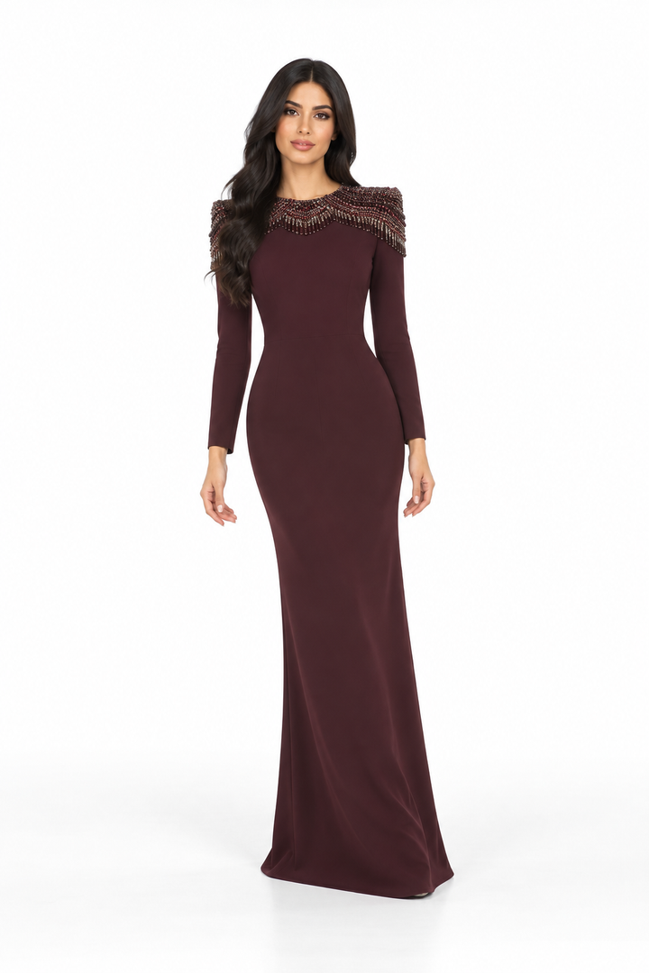 Burgundy Beaded Shoulder Detail Long Evening Gown - Degah