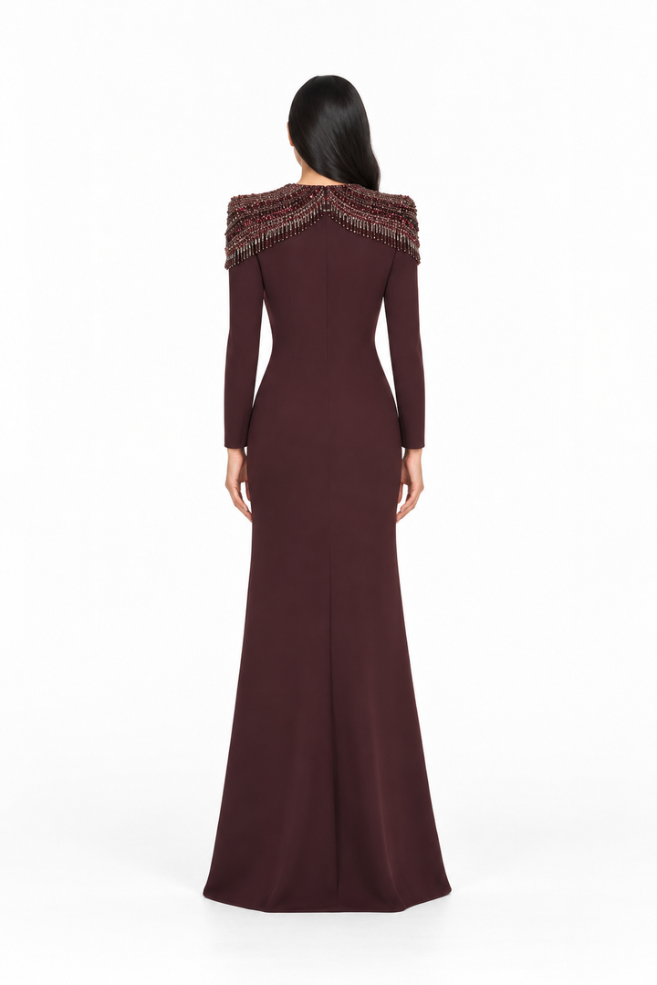 Burgundy Beaded Shoulder Detail Long Evening Gown - Degah