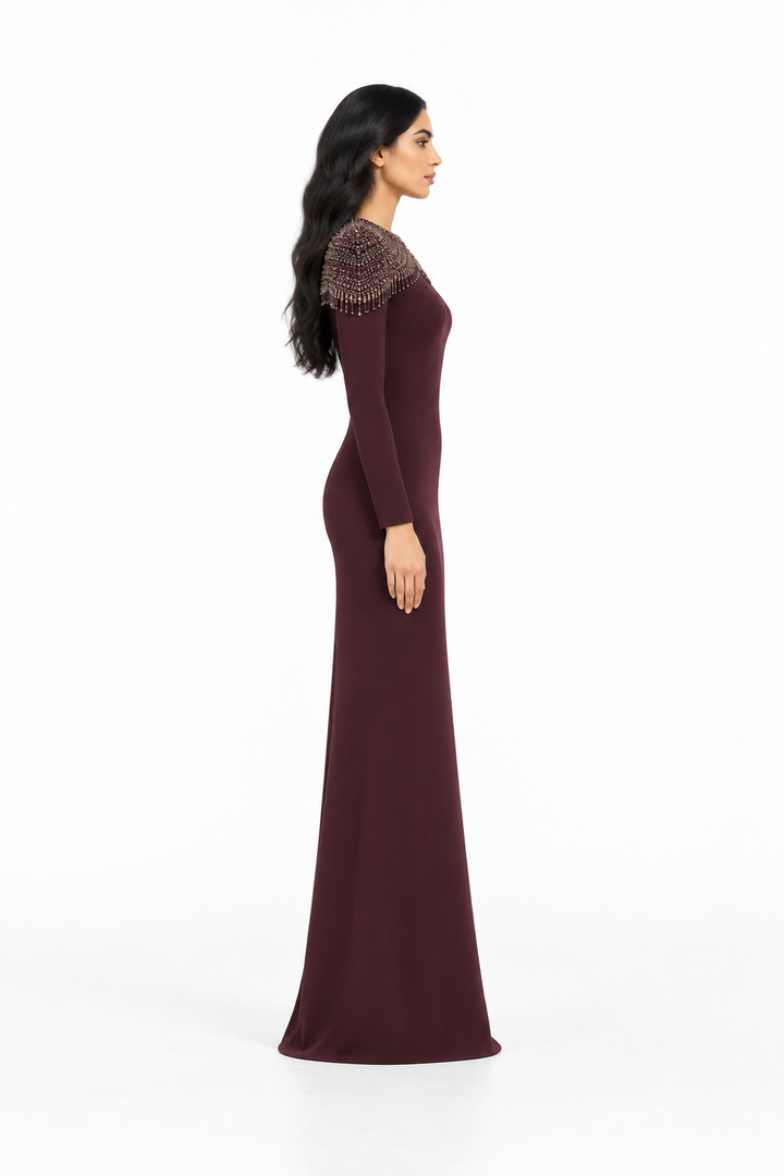 Burgundy Beaded Shoulder Detail Long Evening Gown - Degah