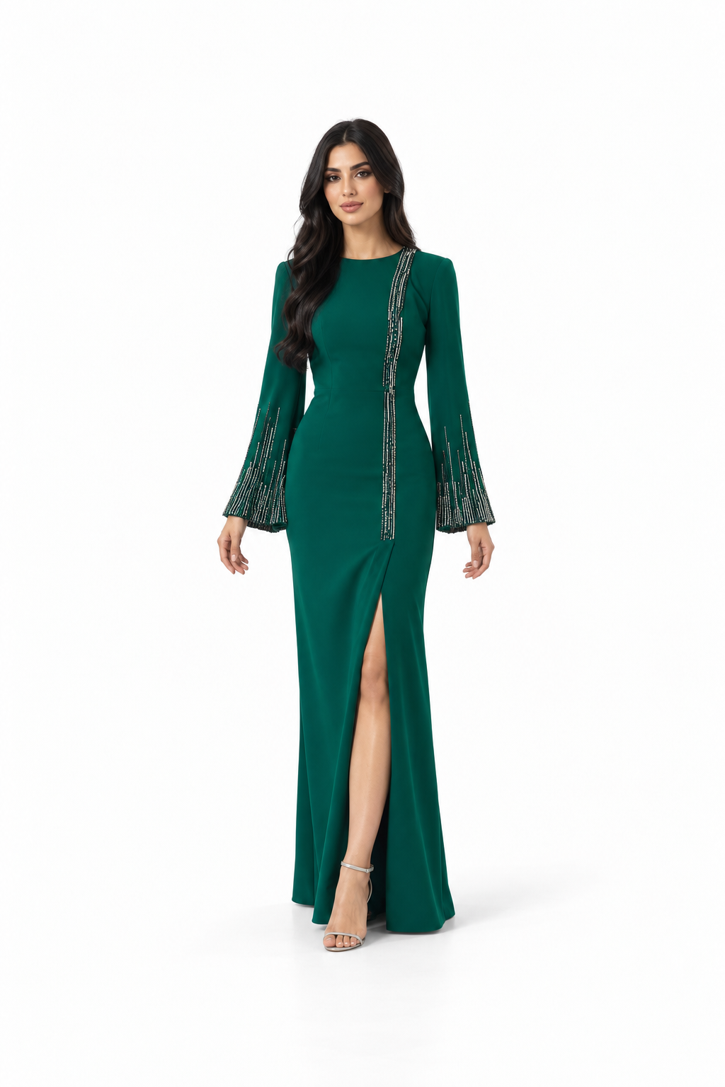 Emerald Green Embellished Long-Sleeve Evening Gown - Joren