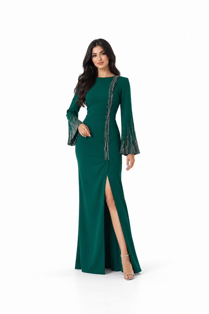Emerald Green Embellished Long-Sleeve Evening Gown - Joren