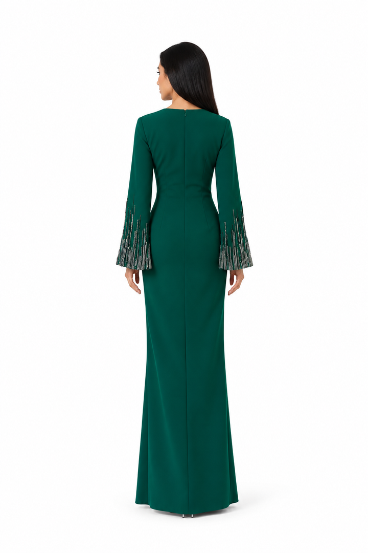 Emerald Green Embellished Long-Sleeve Evening Gown - Joren