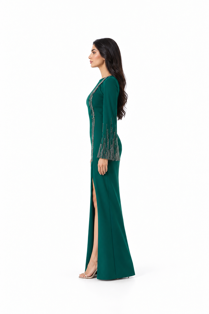 Emerald Green Embellished Long-Sleeve Evening Gown - Joren