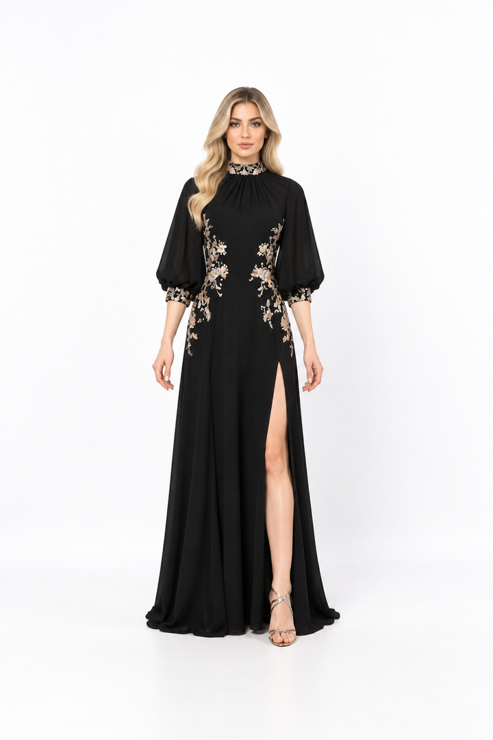 Black Embroidered Puff-Sleeve Evening Gown - Zorka