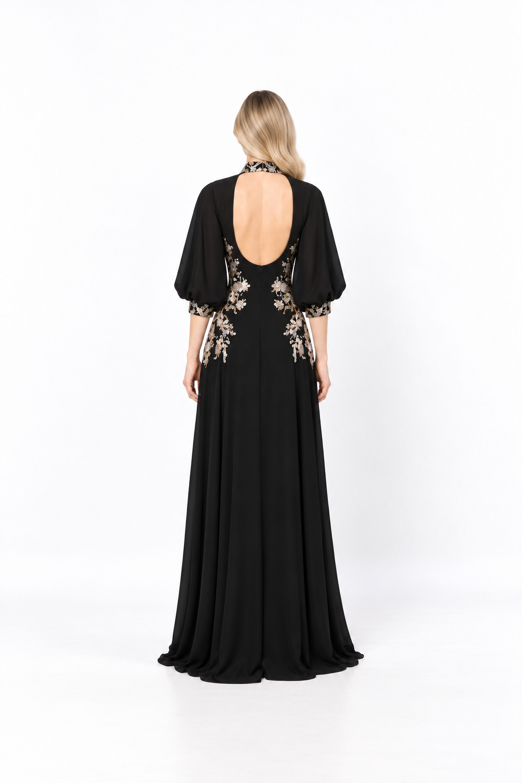 Black Embroidered Puff-Sleeve Evening Gown - Zorka