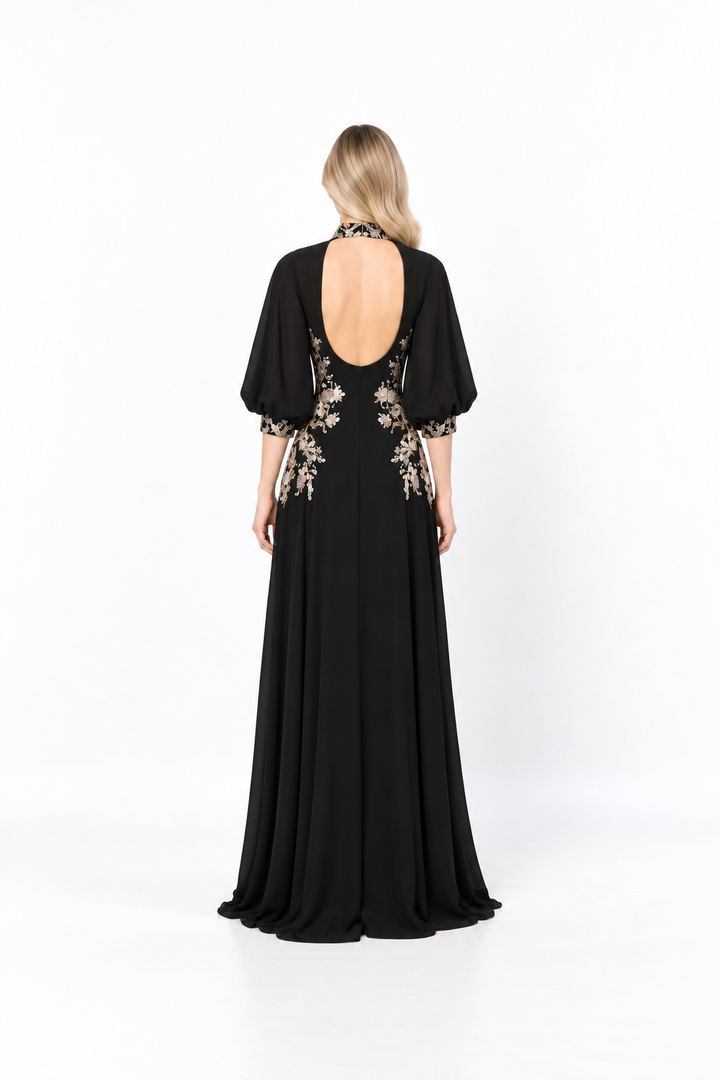 Black Embroidered Puff-Sleeve Evening Gown - Zorka