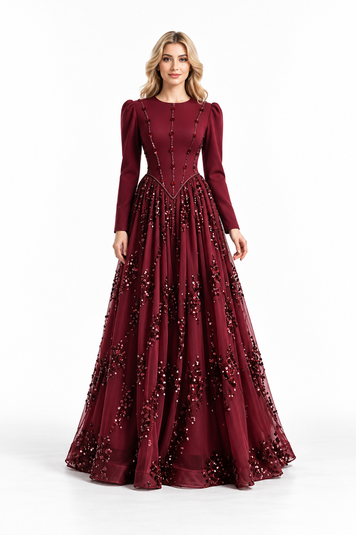 Burgundy Sequin Embellished Long-Sleeve Evening Gown - Rosla