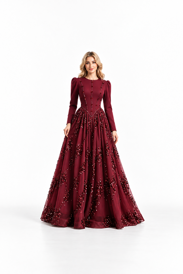 Burgundy Sequin Embellished Long-Sleeve Evening Gown - Rosla