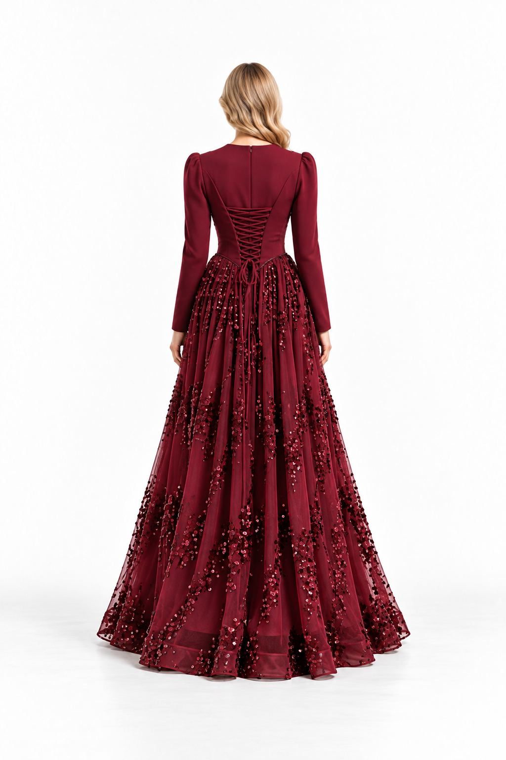 Burgundy Sequin Embellished Long-Sleeve Evening Gown - Rosla