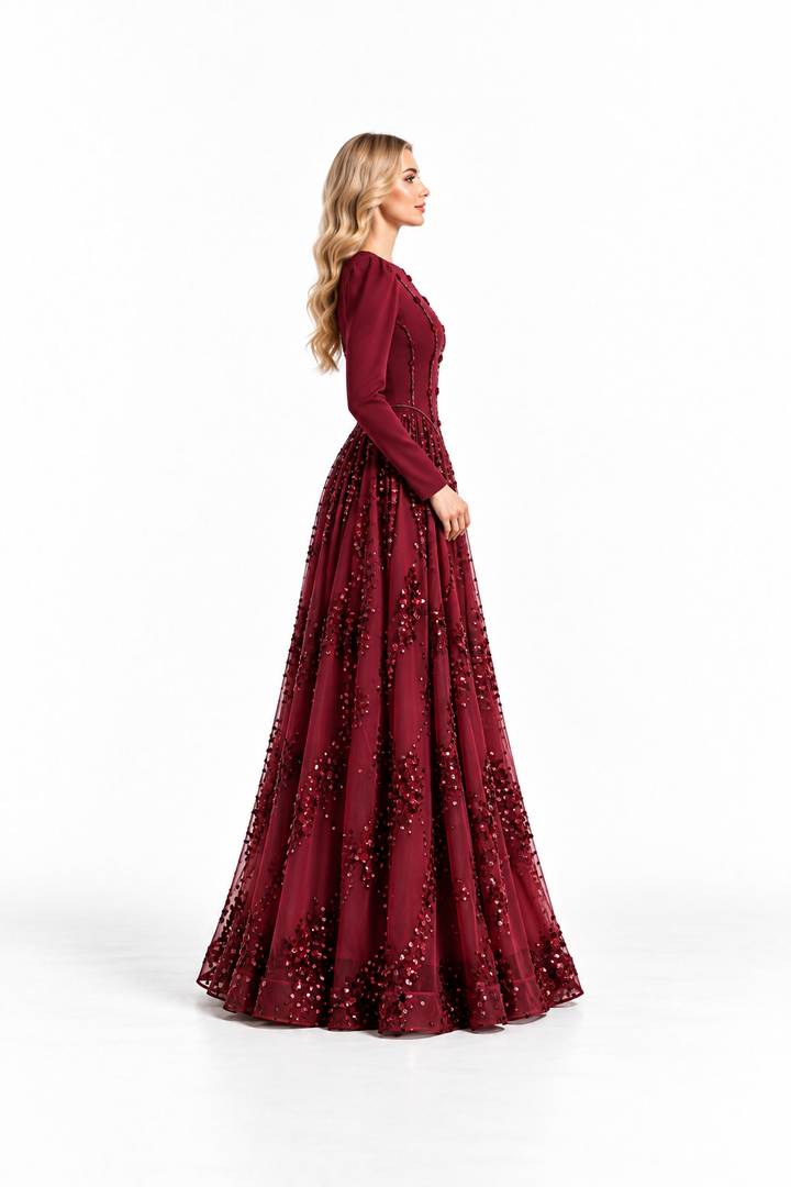 Burgundy Sequin Embellished Long-Sleeve Evening Gown - Rosla