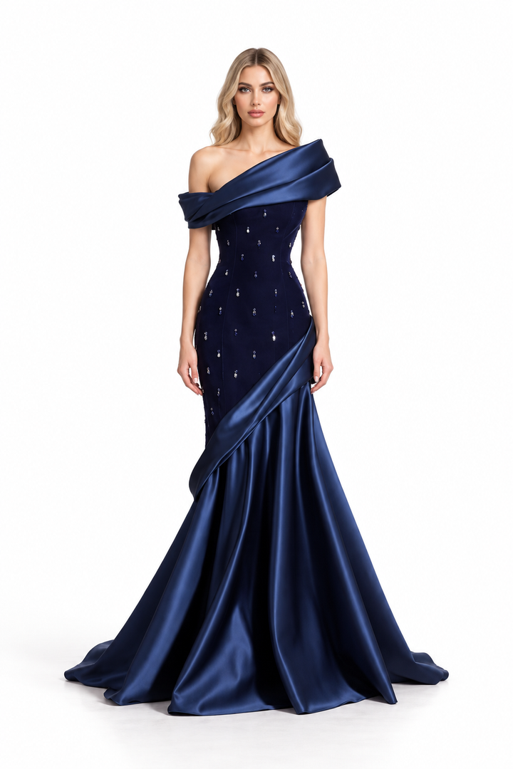 Midnight Blue Satin Off-Shoulder Draped Evening Gown - Sorka