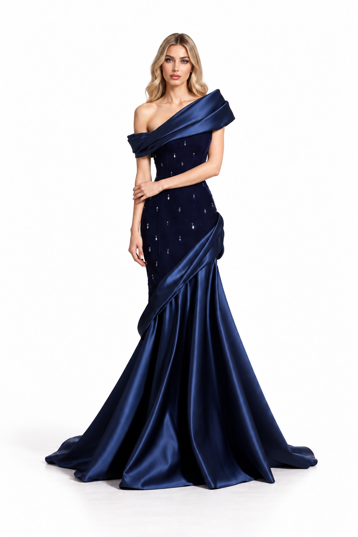 Midnight Blue Satin Off-Shoulder Draped Evening Gown - Sorka