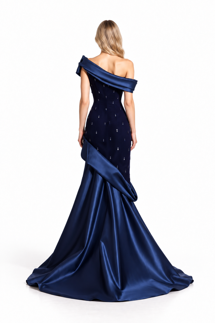 Midnight Blue Satin Off-Shoulder Draped Evening Gown - Sorka