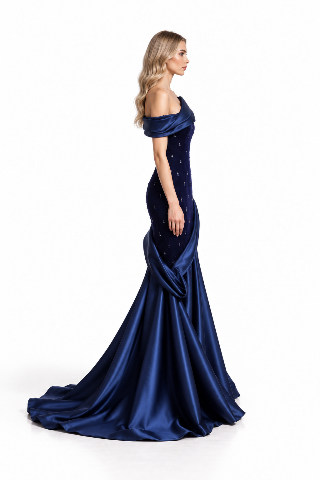 Midnight Blue Satin Off-Shoulder Draped Evening Gown - Sorka