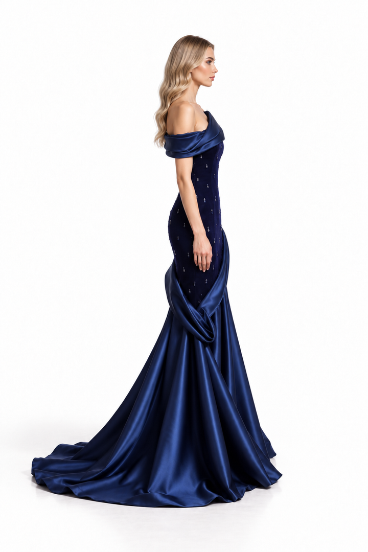 Midnight Blue Satin Off-Shoulder Draped Evening Gown - Sorka