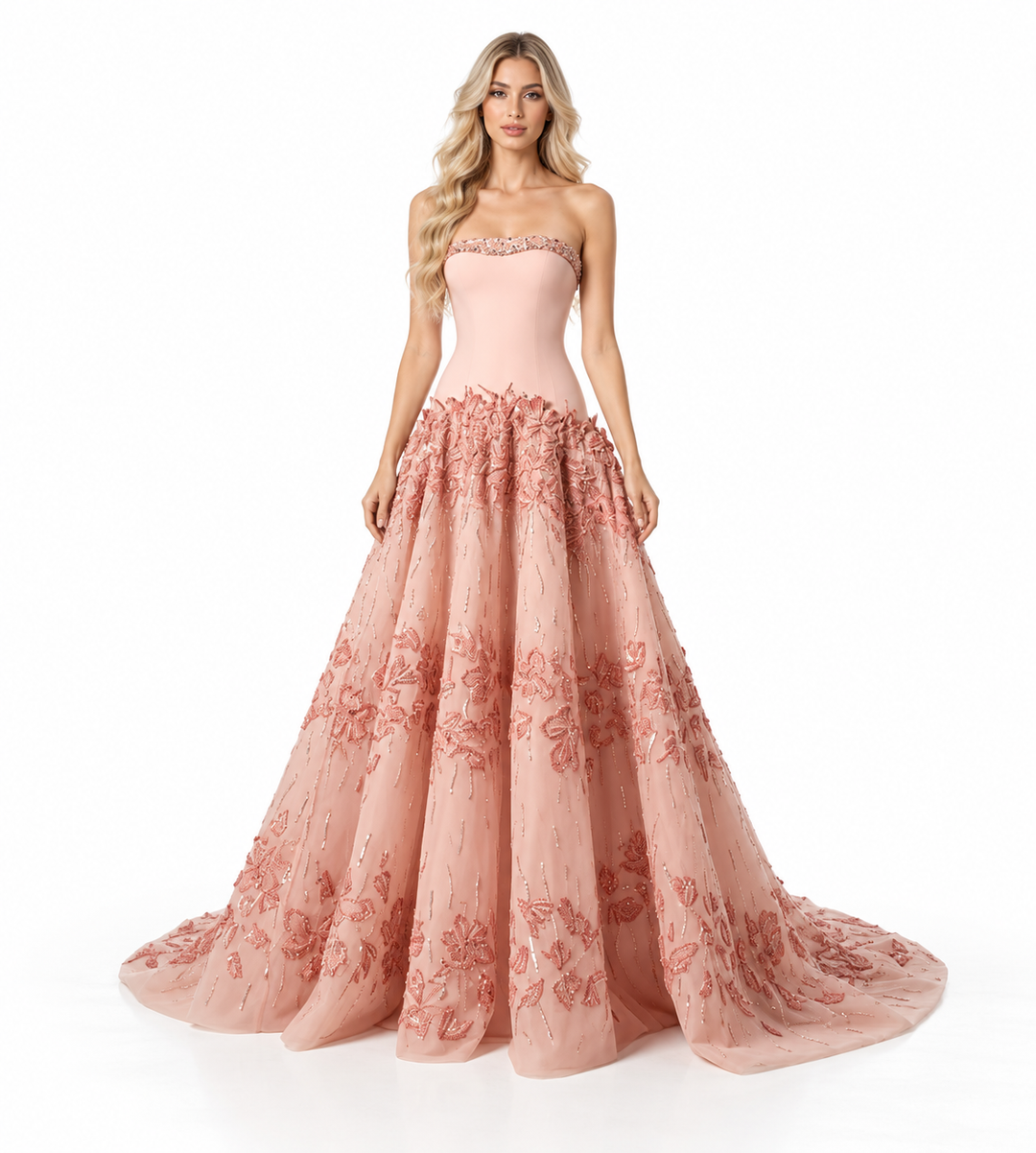Blush Pink Embroidered Tulle Ball Gown - Doska