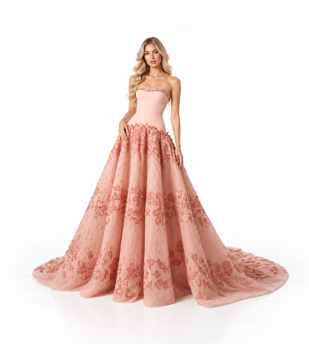 Blush Pink Embroidered Tulle Ball Gown - Doska