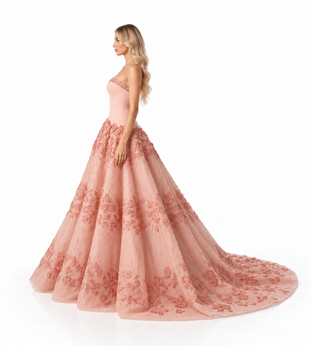 Blush Pink Embroidered Tulle Ball Gown - Doska