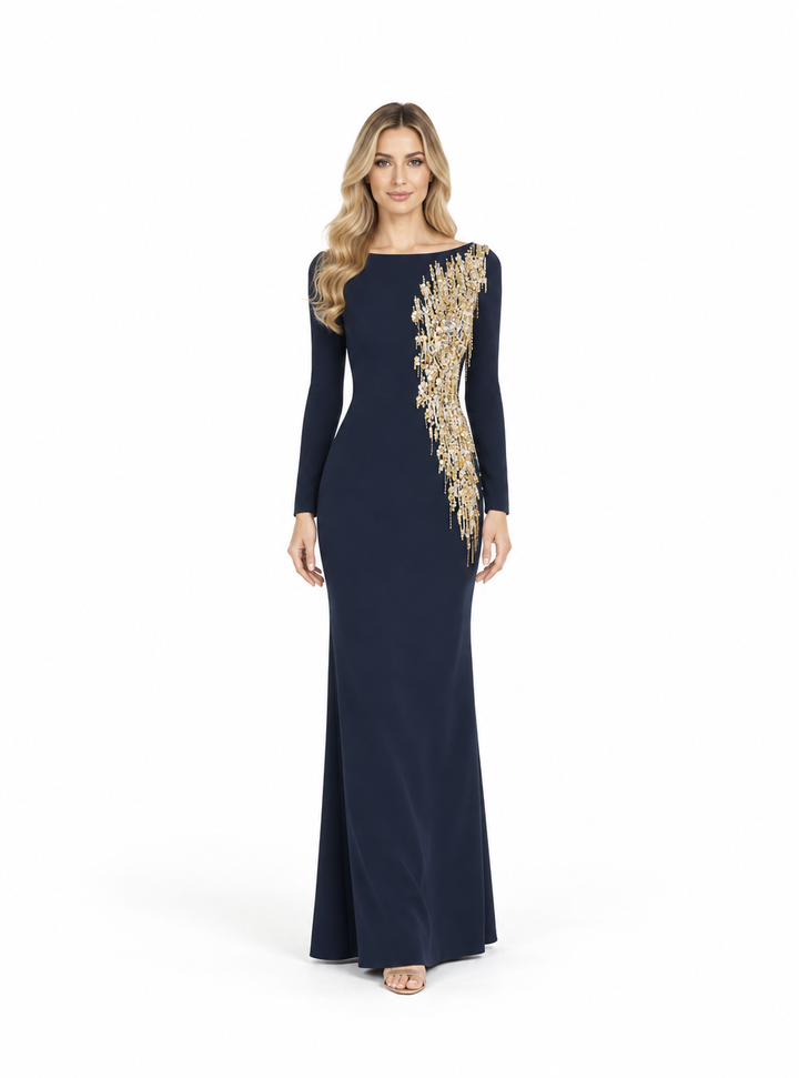 Crystal Embellished Asymmetric Maxi Dress - Navy