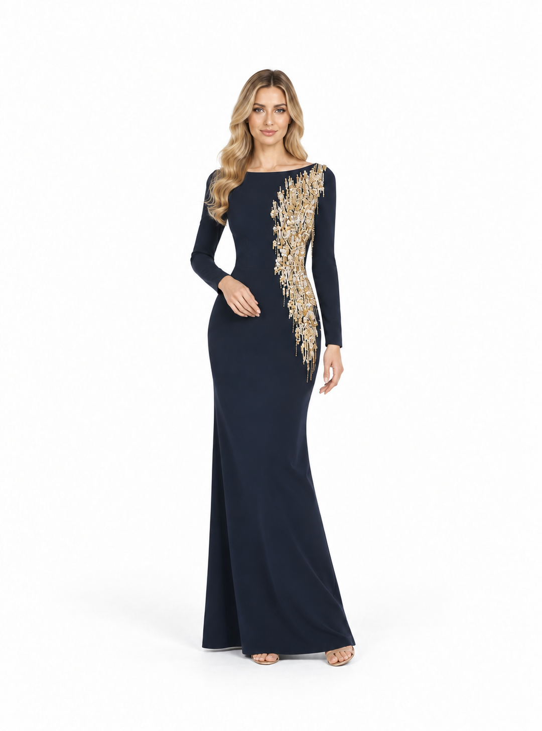 Crystal Embellished Asymmetric Maxi Dress - Navy