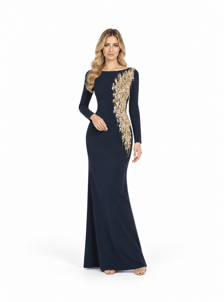 Crystal Embellished Asymmetric Maxi Dress - Navy