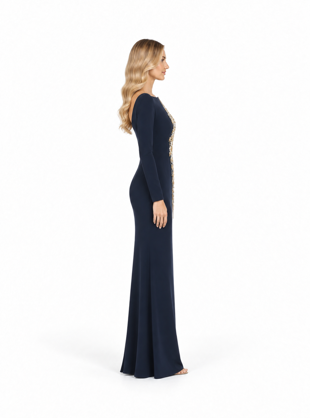 Crystal Embellished Asymmetric Maxi Dress - Navy
