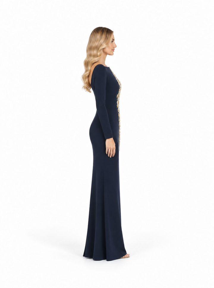 Crystal Embellished Asymmetric Maxi Dress - Navy