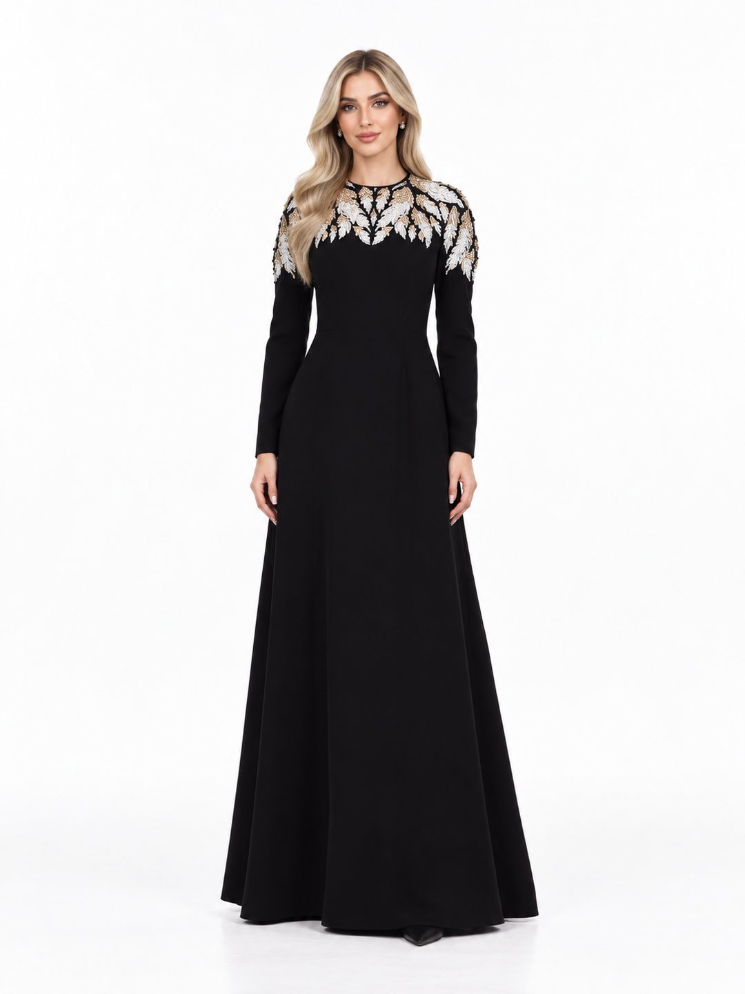 Black Embroidered Crystal-Collar Maxi Evening Gown - Ersaa