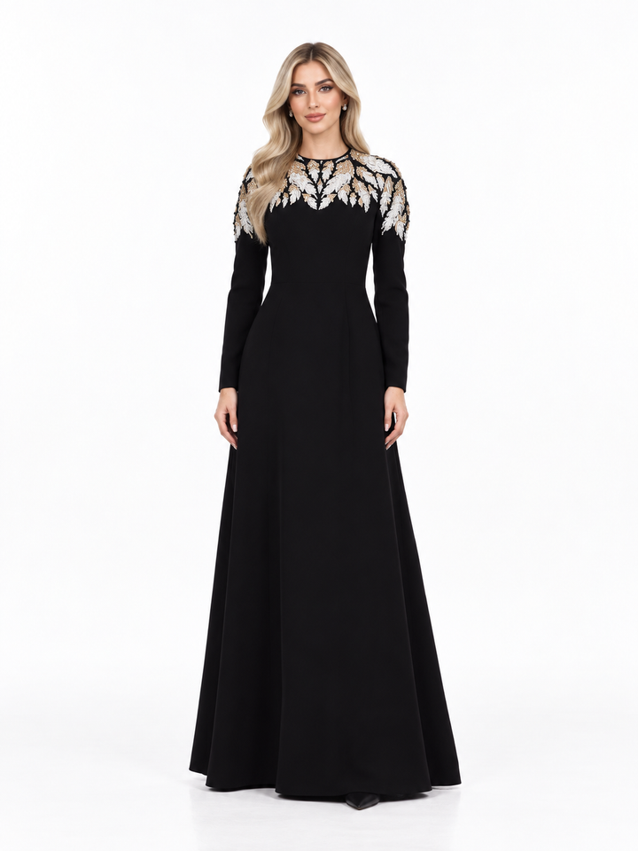 Black Embroidered Crystal-Collar Maxi Evening Gown - Ersaa
