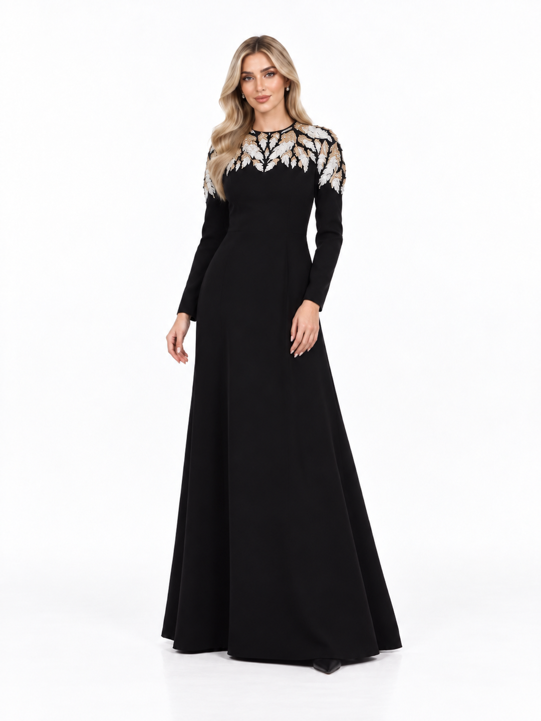 Black Embroidered Crystal-Collar Maxi Evening Gown - Ersaa