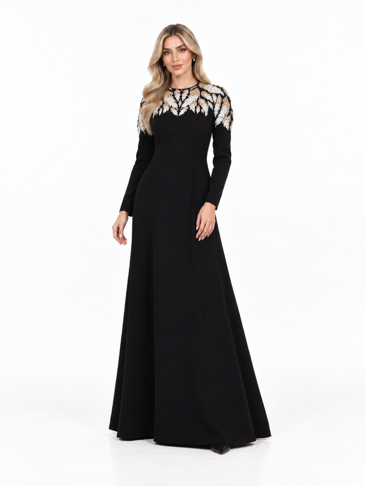 Black Embroidered Crystal-Collar Maxi Evening Gown - Ersaa