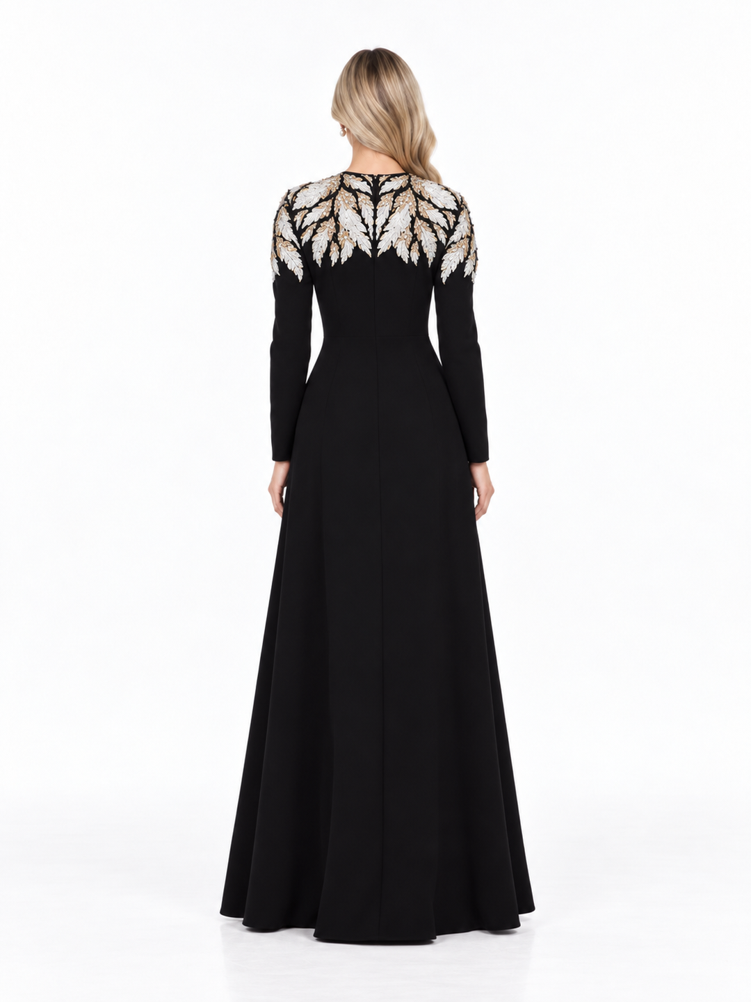 Black Embroidered Crystal-Collar Maxi Evening Gown - Ersaa