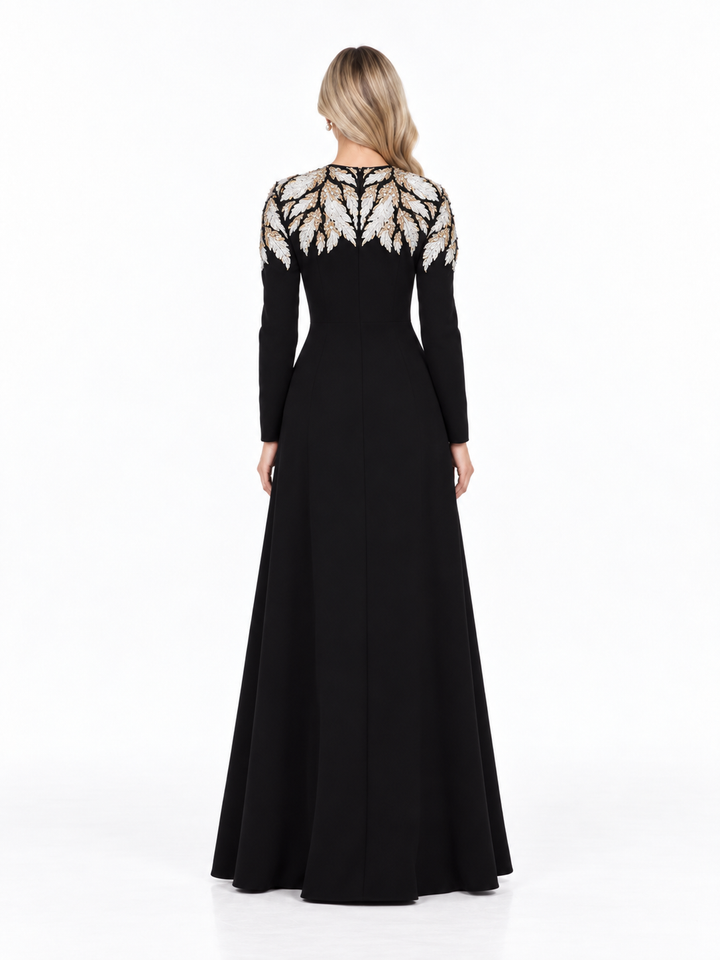 Black Embroidered Crystal-Collar Maxi Evening Gown - Ersaa