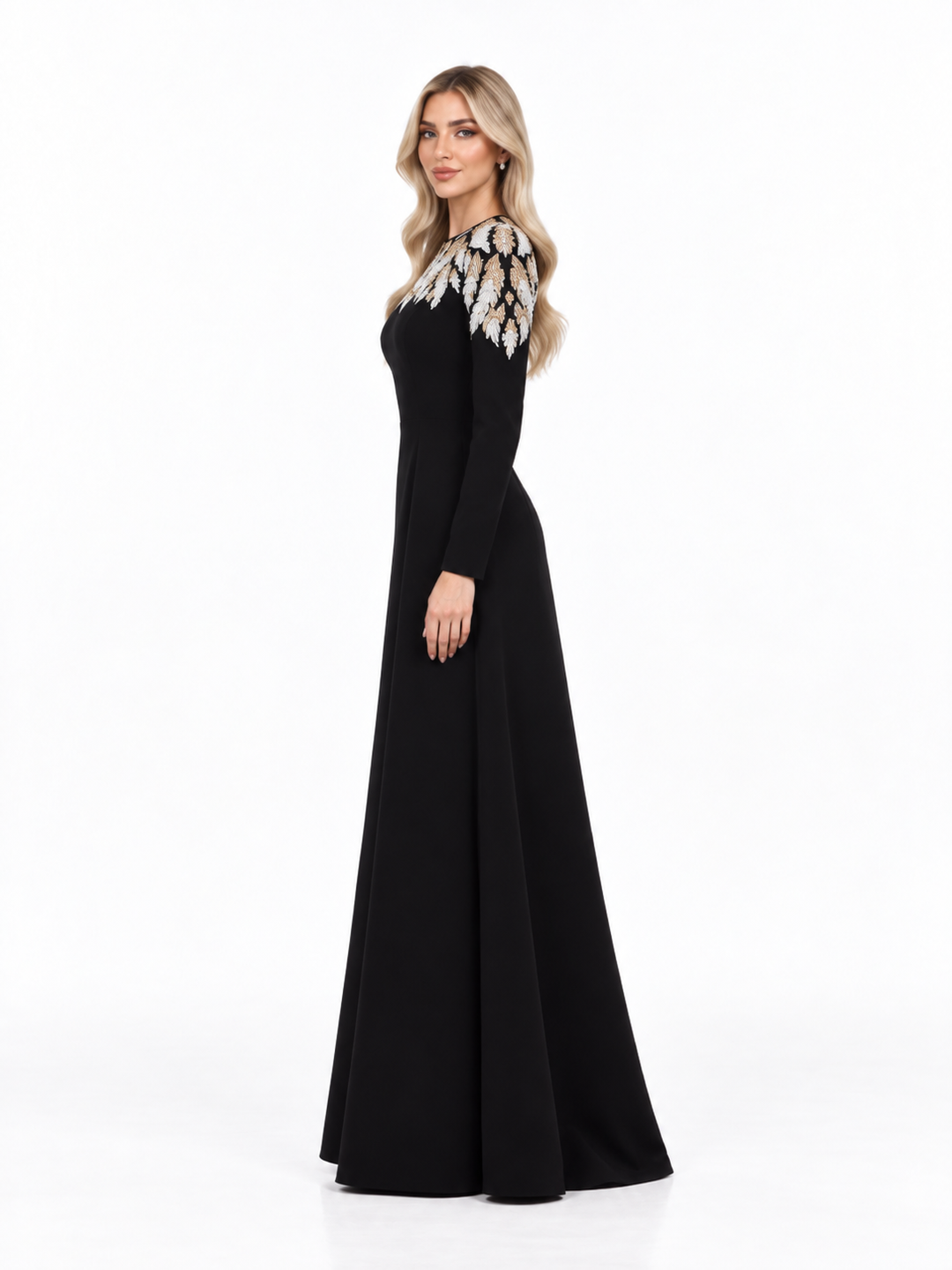 Black Embroidered Crystal-Collar Maxi Evening Gown - Ersaa